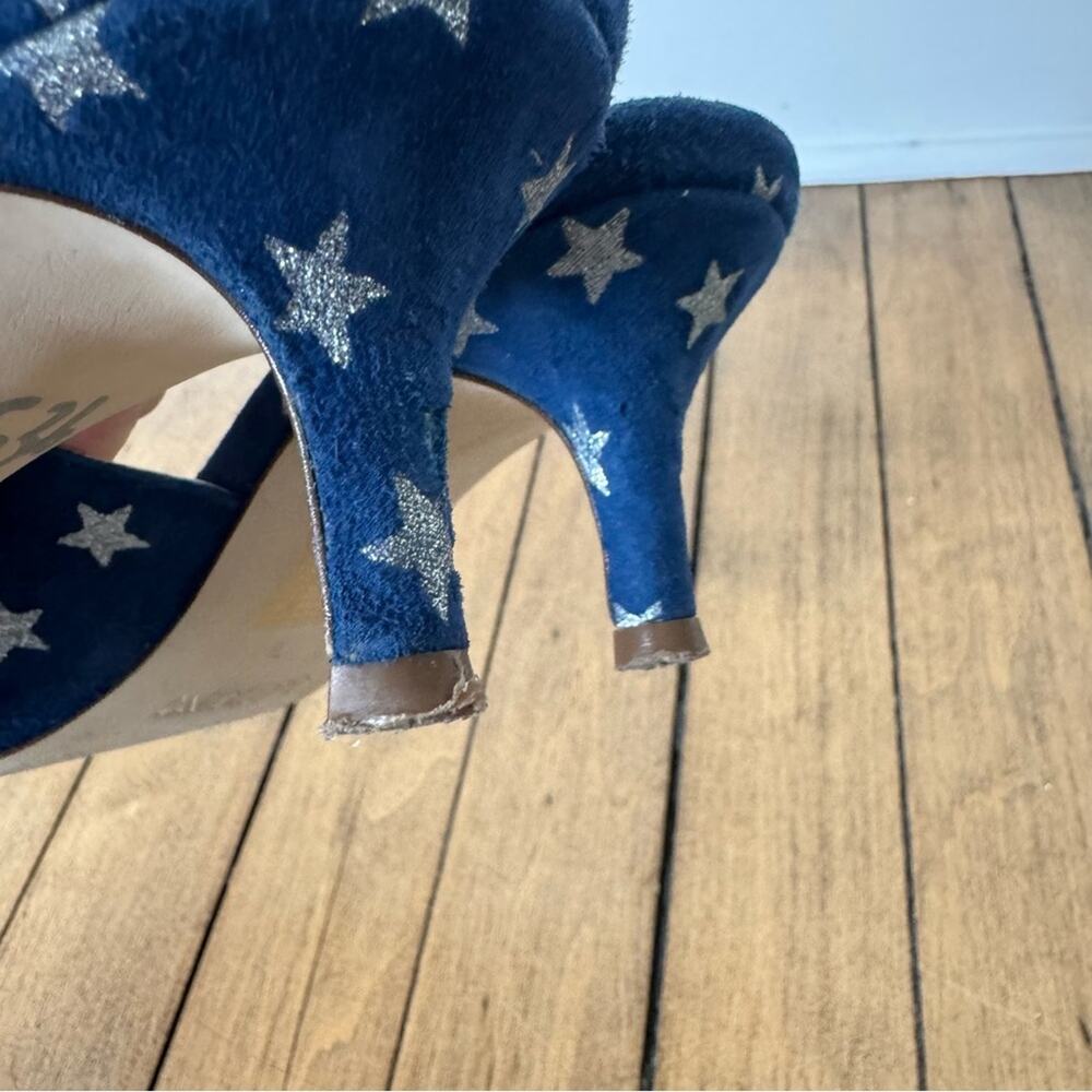 J. Crew Sophia Blue and Silver Starry Suede Kitten Heels Mules 7 americana - Picture 9 of 11
